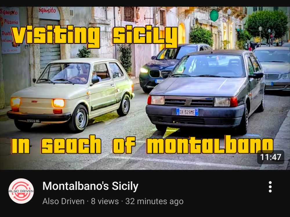 Screenshot of a YT thumbnail that says 'Visiting Sicily - In seach of Montalbano'.