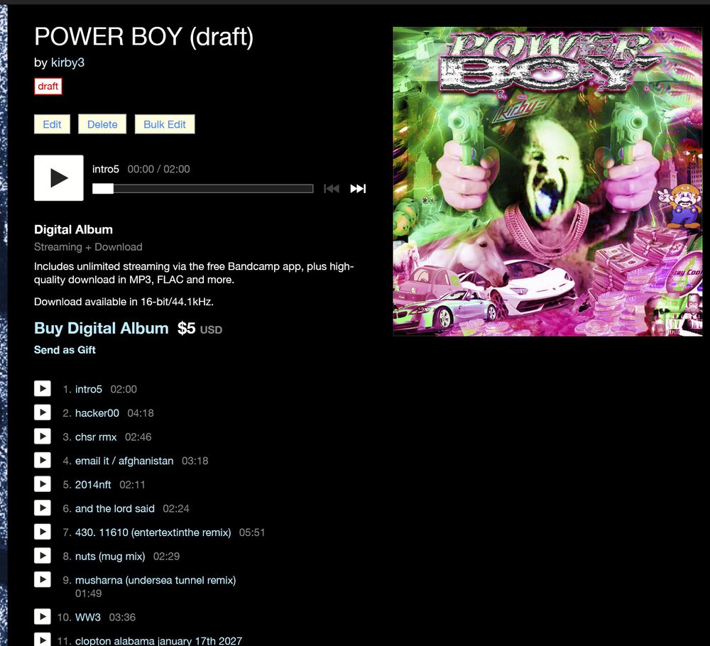 screenshot of bandcamp upload of POWER BOY by kirby3