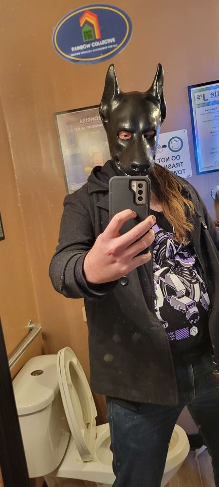 Person wearing a black latex pup hood in public.