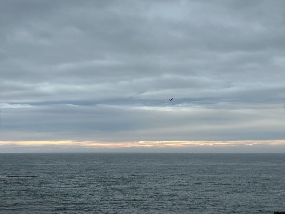 Grey sky, gunmetal sea, with a layer of peach in between.