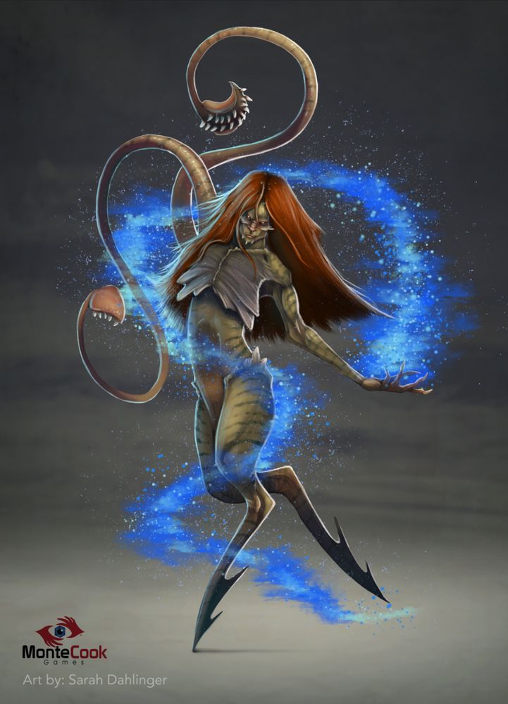 A humaniod creature with blade like feet, and boney chest. One arm is tentacles and the other is casting blue magic. 