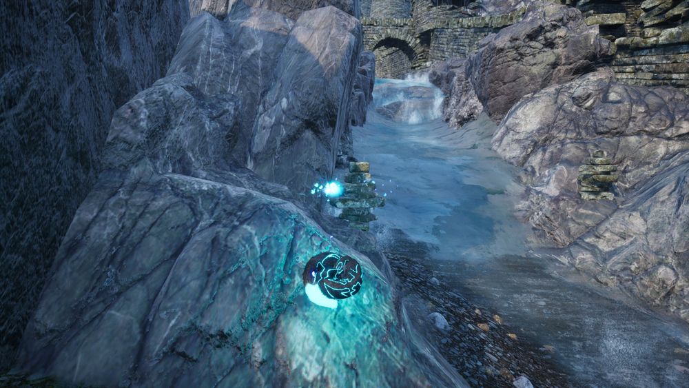 Still from Spirit of the North, showing the player controlled fox curled up on a rock next to a river, with the spirit helper floating above