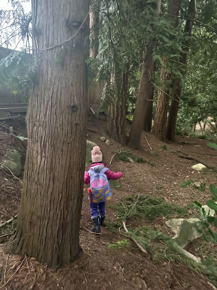 Little girl wearing pink running through the woods