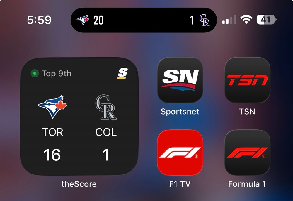 A screenshot of the Jays score from multiple apps. Live activity says 20-1 and the Score app says 16-1