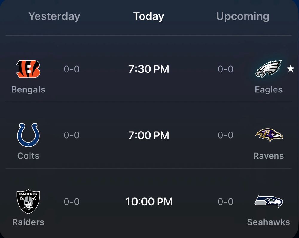 The August 7th slate of NFL pre-season games
Bengals vs Eagles. Colts vs. Ravens. Raiders vs. Seahawks. 

All 3 home teams are bird names. While only one of the away teams is a cat name. 