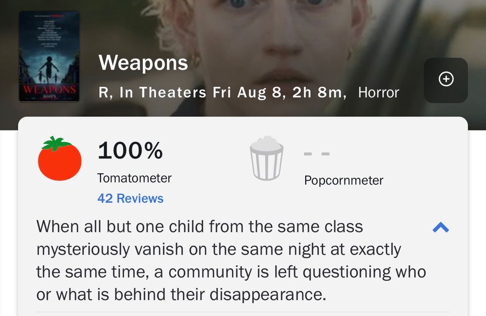 A screenshot from Rotten Tomatoes for the film Weapons in theatres Friday August 8th. The score is currently at 100% after 42 reviews.