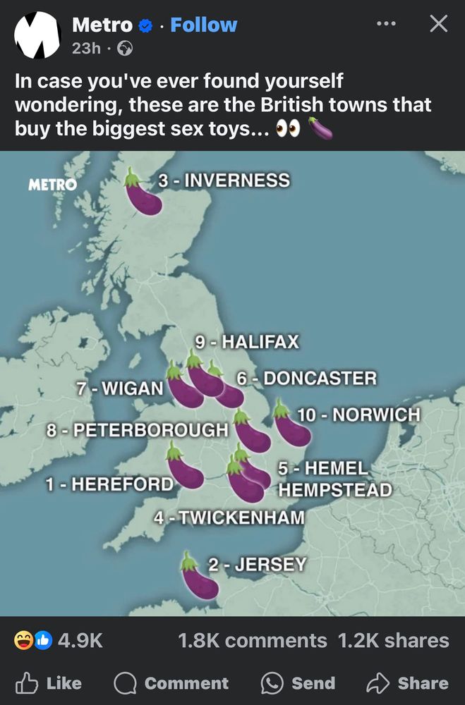 A Metro article from Facebook: In case you’ve ever found yourself wondering, these are the British towns that buy the biggest sex toys … 👀🍆
A map of the UK has egg plant emojis marking the places in the top ten. At 10 we have Norwich, 9 is Halifax, 8 is Peterborough, 7 is Wigan, 6 is Doncaster, 5 is Hemel Hempstead, 4 is Twickenham, 3 is Inverness, 2 is jersey, and at number 1 with the biggest sex toys it’s Hereford! 👏🏻