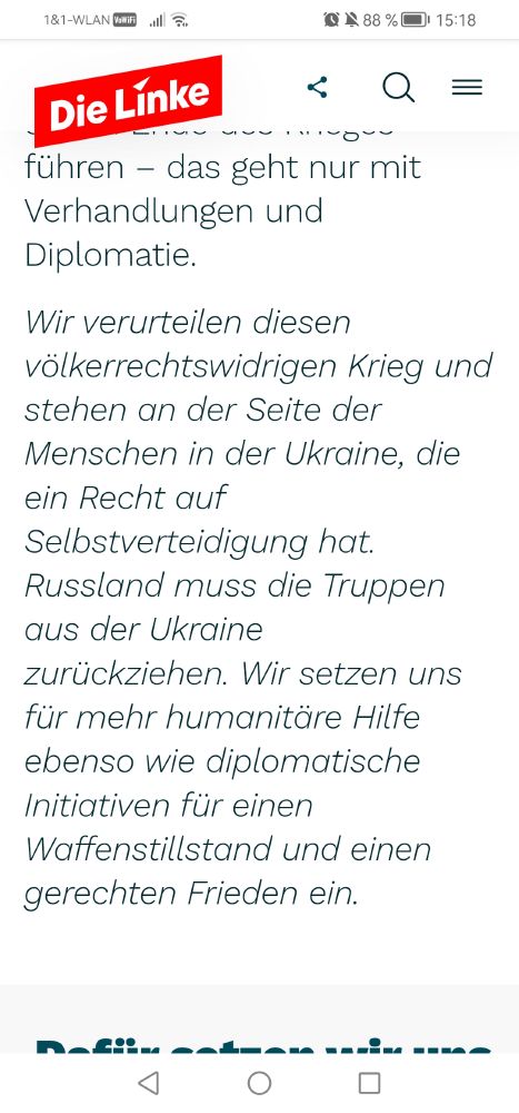 ... führen - das geht nur mit Verhandlungen und Diplomatie.

Wir verurteilen diesen völkerrechtswidrigen Krieg und stehen an der Seite der Menschen in der Ukraine, die ein Recht auf Selbstverteidigung hat.
Russland muss die Truppen aus der Ukraine zurückziehen. Wir setzen uns für mehr humanitäre Hilfe ebenso wie diplomatische Initiativen für einen Waffenstillstand und einen gerechten Frieden ein. 