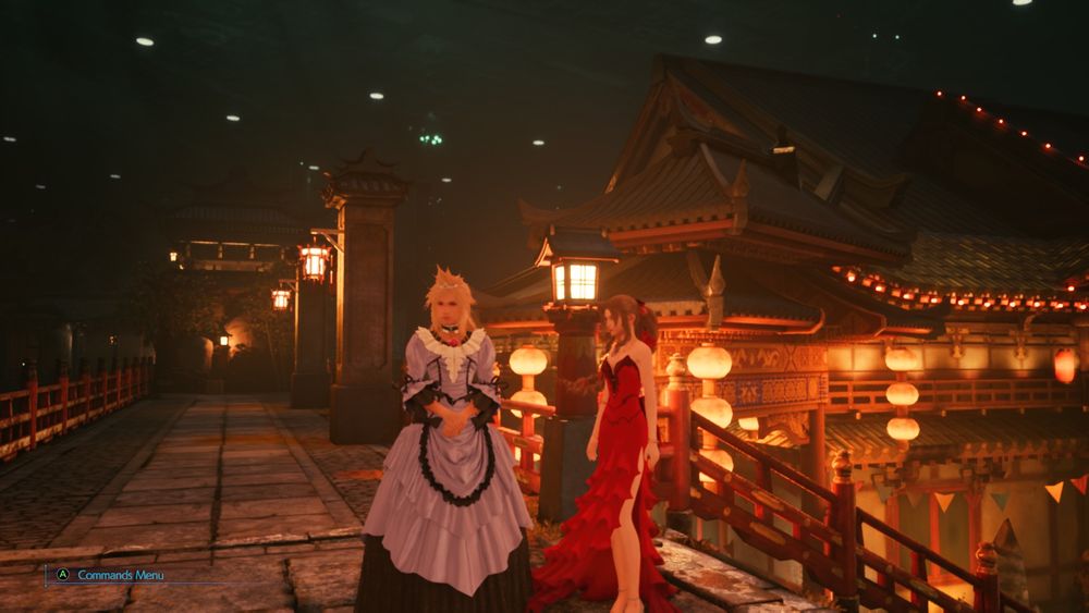 screenshot of Final Fantasy 7 Remake, picturing Cloud Strife wearing a dress