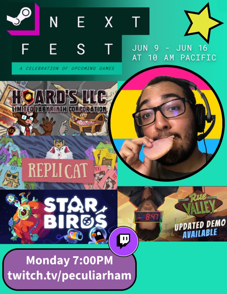 Poster for PeculiarHam listing the cover art of all video game demos mentioned and the time of the twitch stream
