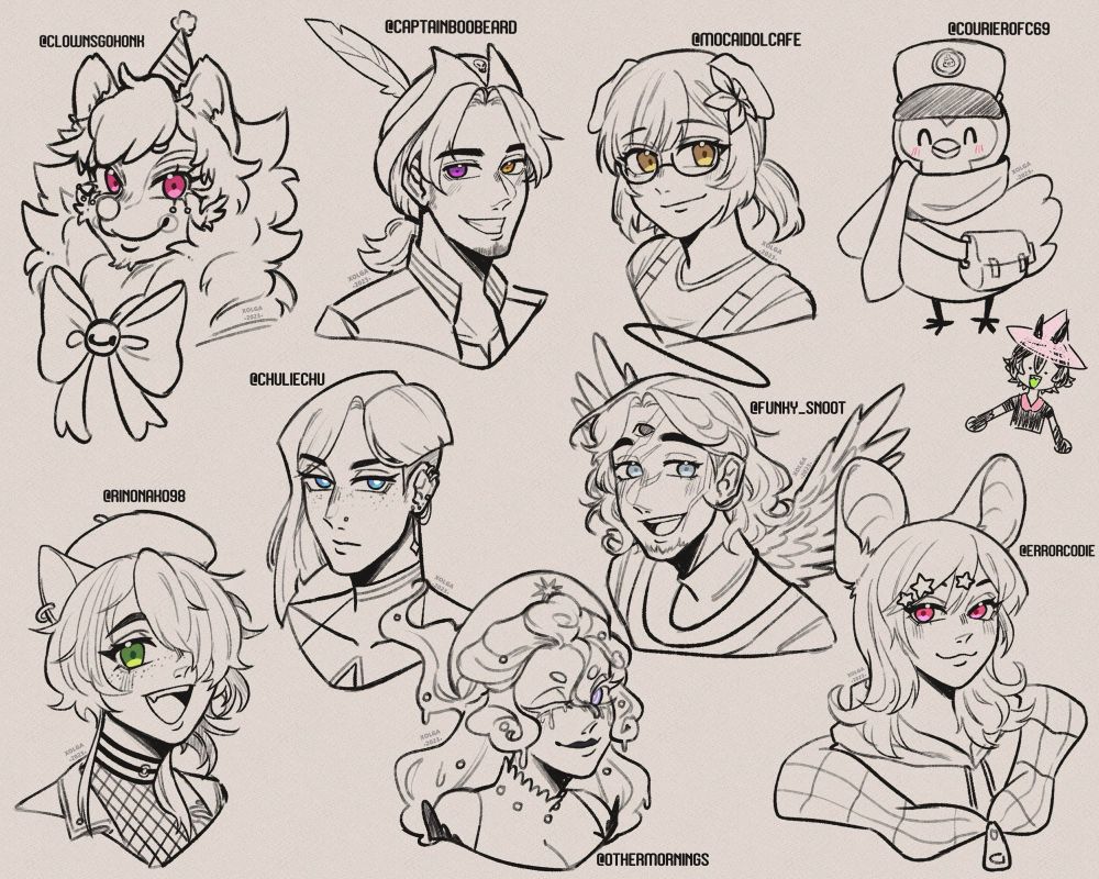 Headshot art of multiple Vtubers/Characters! From top left to right: @clownsgohonk, @captainboobeard, @mocaidolcafe, @courierofc69
From bottom left to right: @ruujVT, @chuliechu, @othermornings, @funky_snoot, @errorcodie