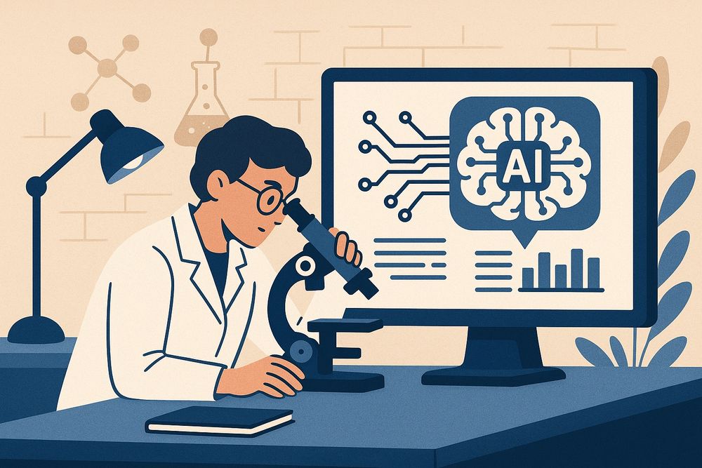 AI in research - A man examining using a microscope with a desktop showing an image of AI with links and a bar diagram.