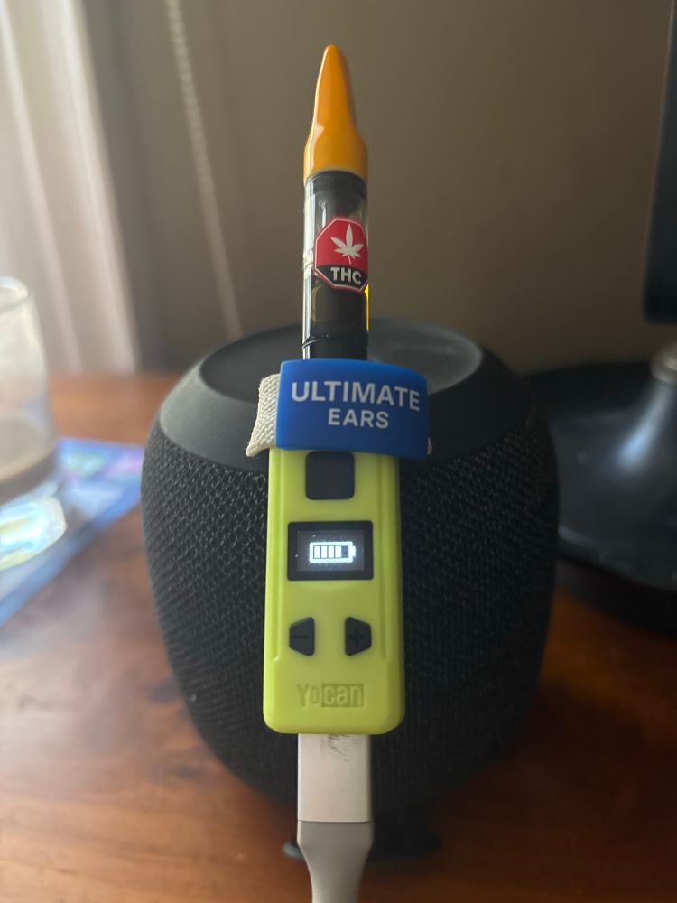 It’s a picture of a live resin cannabis pen, charging on a wonderboom wireless speaker 