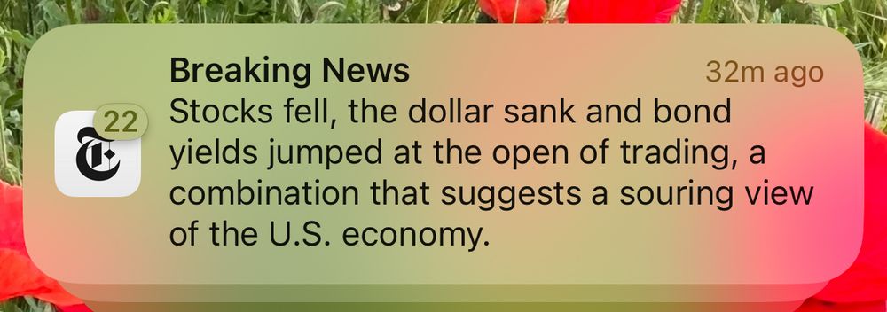 NYT headline from phone alert saying US dollar and stocks down indicating pessimism about US economy. 
