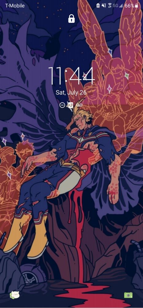 My lock screen :). Fanart of All Might (BNHA) being held by the ghosts of previous OFA users after his big fight against AFO