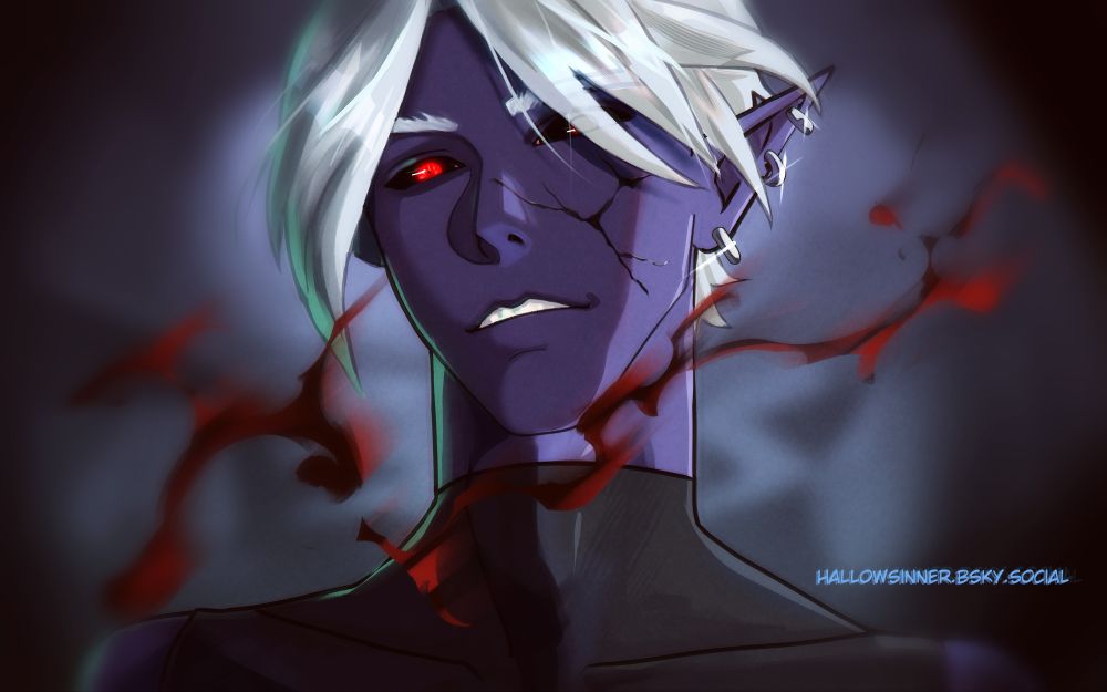 Drow OC named Rhyme staring at the viewer as blood flows across the screen. 