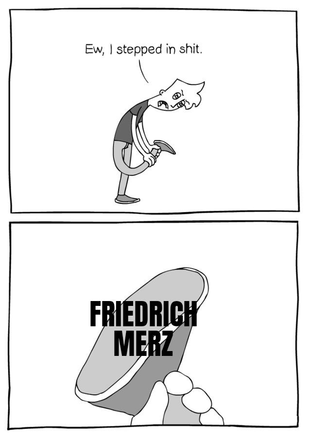 Ein Politisches Meme. 
Bild ist Schwarz-weiß.
Obere Hälfte zeigt eine Person die sich ihre Schuhsohle anschaut und sagt: Ew, I stepped in shit.

Untere Hälfte des Bildes zeigt eine Großaufnahme von der Schuhsohle und dort steht der Namen in Schwarz: Friedrich Merz.

Friedrich Merz wird als Scheiße bezeichnet.