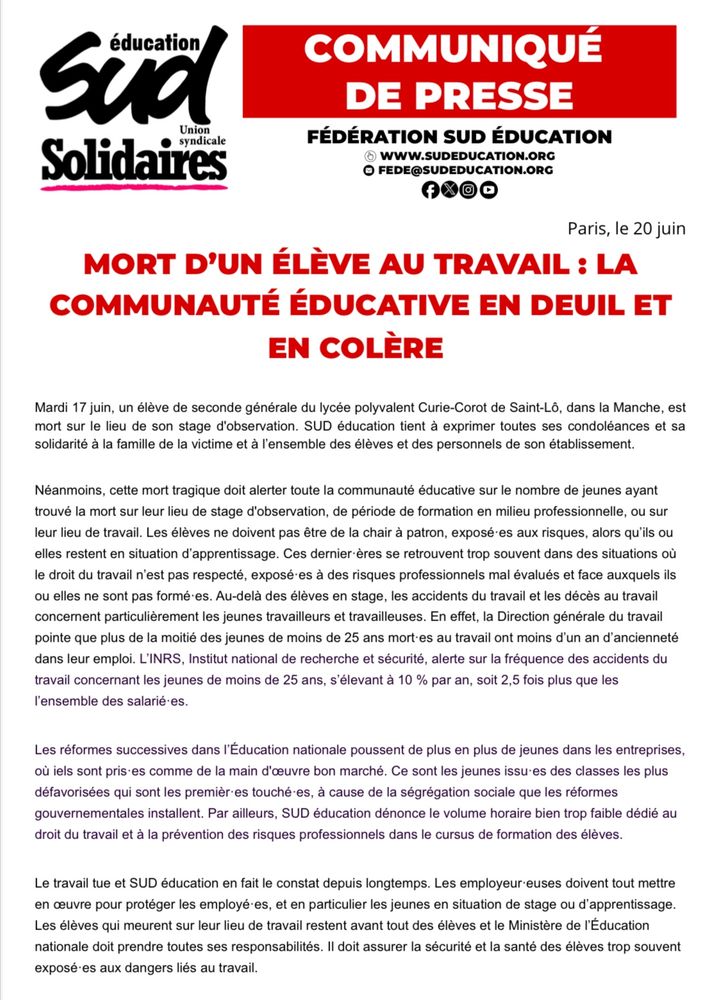 https://www.sudeducation.org/communiques/mort-dun-eleve-au-travail-la-communaute-educative-en-deuil-et-en-colere/