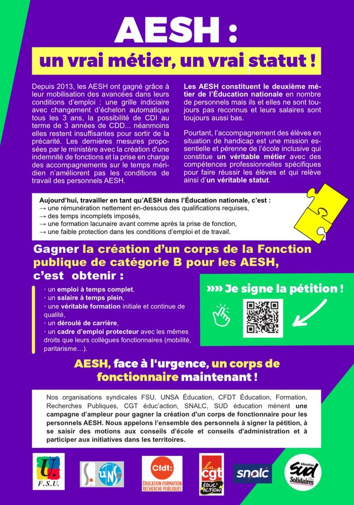 Tract intersyndical « AESH : Un vrai métier, un vrai statut ! » - Lien de lecture plus bas 
