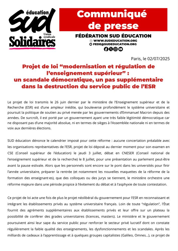 ➡️ Lire le communiqué de SUD éducation : https://www.sudeducation.org/communiques/projet-de-loi-modernisation-et-regulation-de-lenseignement-superieur-un-scandale-democratique-un-pas-supplementaire-dans-la-destruction-du-service-public-de-lesr/