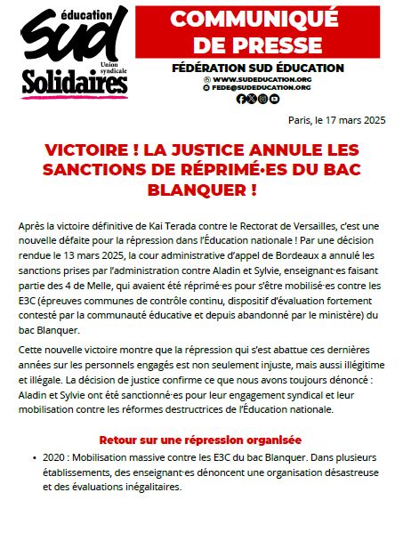 Recto du communiqué - Lien pour le lire à la suite