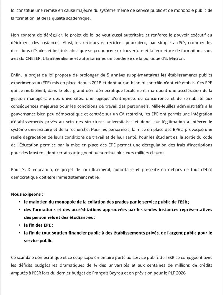 ➡️ Lire le communiqué de SUD éducation : https://www.sudeducation.org/communiques/projet-de-loi-modernisation-et-regulation-de-lenseignement-superieur-un-scandale-democratique-un-pas-supplementaire-dans-la-destruction-du-service-public-de-lesr/