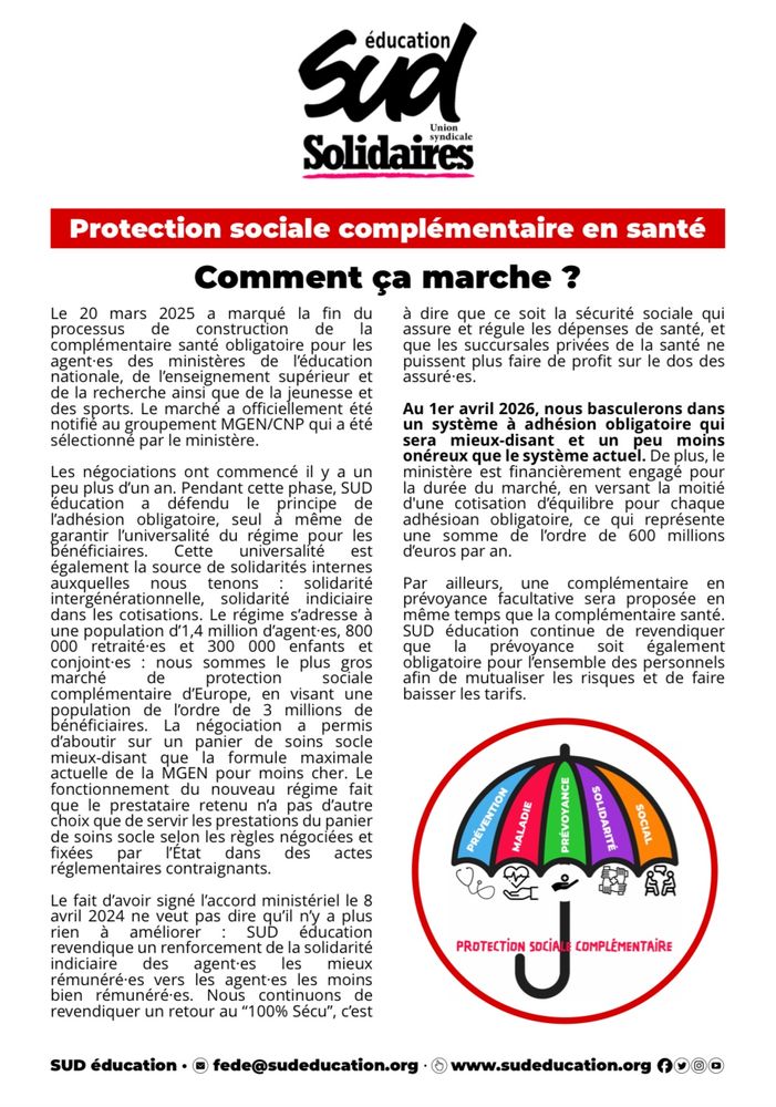 ➡️ Lire le 4-pages de SUD éducation : https://www.sudeducation.org/tracts/protection-sociale-complementaire-en-sante-comment-ca-marche/