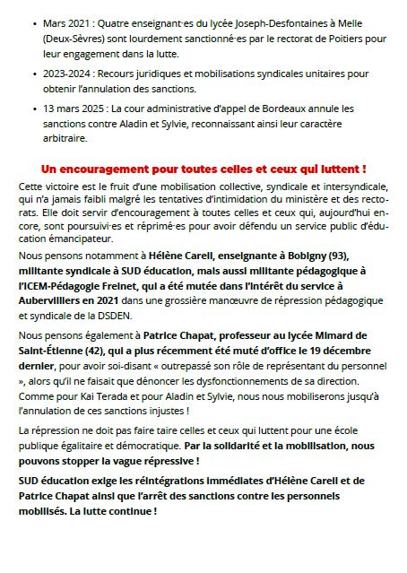 Verso du communiqué - Lien pour le lire à la suite