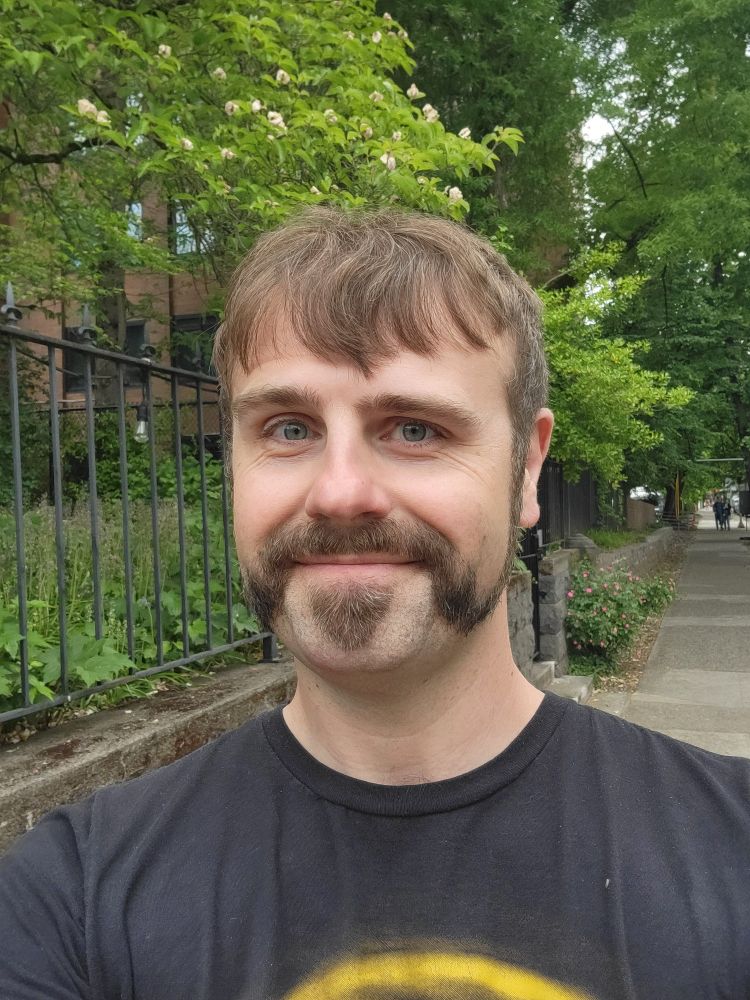 A picture of me with distinctive facial hair. A handlebar mustache that connects to sideburns, all with a uniform thickness band and a triangular patch under the lower lip. The chin and neck are shaved.