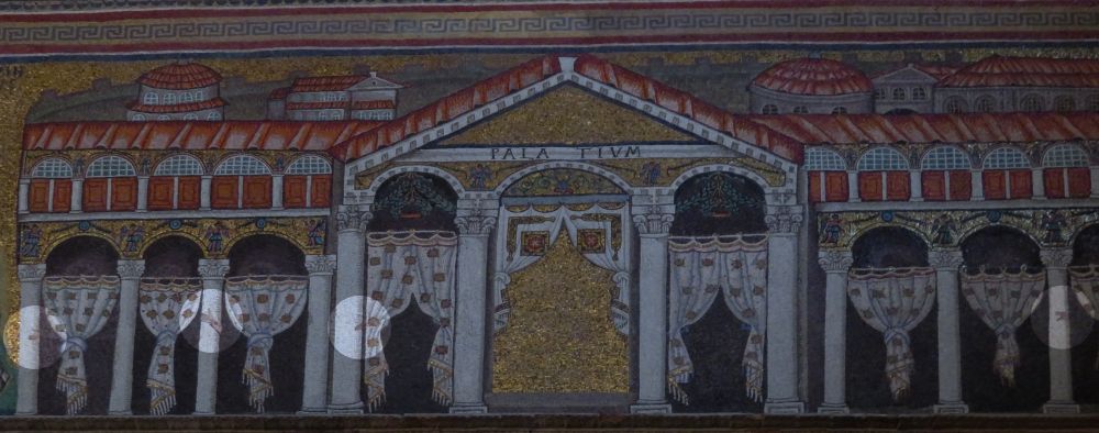 A mosaic from the Basilica of Sant'Apollinare Nuovo in Ravenna, showing disembodied hands