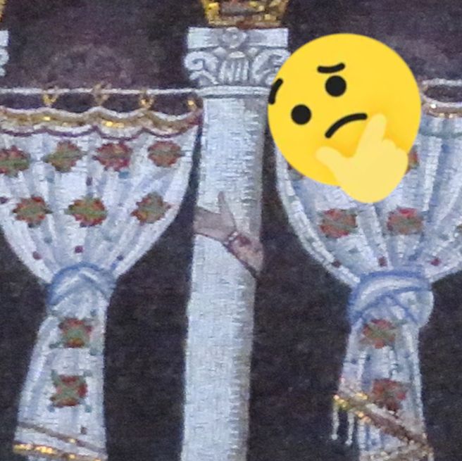 A closeup of a mosaic from the Basilica of Sant'Apollinare Nuovo in Ravenna, showing a disembodied hand