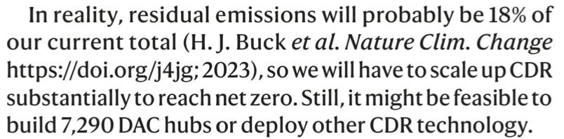 In reality, residual emissions will probably be 18% of our current total (H. J. Buck et al. Nature Clim. Change https://doi.org/j4jg; 2023), so we will have to scale up CDR substantially to reach net zero. Still, it might be feasible to build 7,290 DAC hubs or deploy other CDR technology