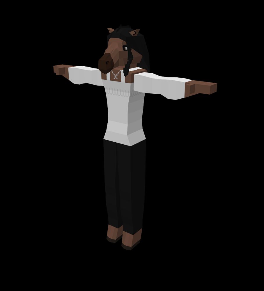 an anthro horse, with black eyeliner, white clothes, and black pants, and lucious hair
