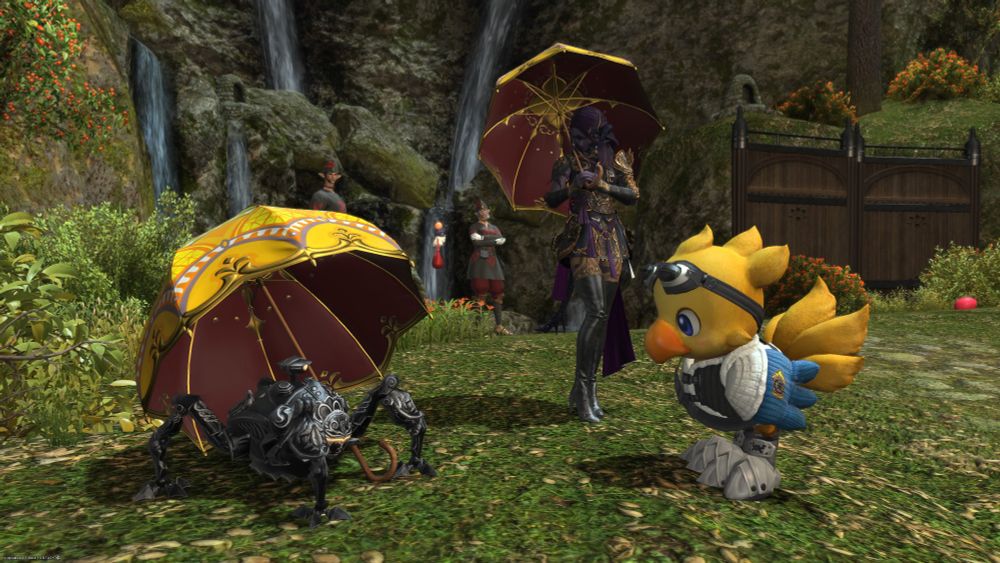 Quinsley, Alpha and Omega hanging out during the Hatching-tide event in Final Fantasy 14.
