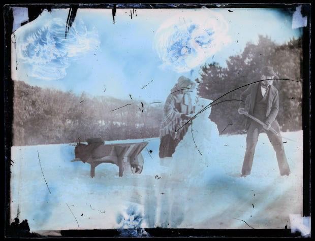 Earliest known photograph of a snowman, Penllergare, c.1853 by Mary Dillwyn 