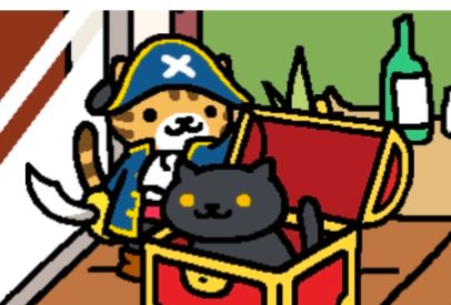 Screenshot of Neko Atsume cat collection phone game. The cat Bengal Jack, an orange striped cat who wears a blue Captain's uniform and holds a saber is standing to the left of a red treasure chest. Sitting in the treasure chest is a black cat with gold eyes.