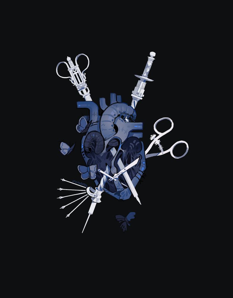A blue cadaver heart dissected into a half view so that the chambers are visible. Within the chambers are maggots, grubs and numerous tears and void textures. Surrounding the heart are four butterflies with wings in divided colors and with four markings on their wings. Two grubs in juxteposition one brighter colored like the veins and valves, the other dark and curled away in the right atrium. Stabbing through the heart are three medical instruments; they're style is old but they appear clean and white and more spiritual and emotional than literal. Depicted is a bullet remover, a drill, and a pair of needle forceps with a straight sewing needle. These three instruments represent the symbolism of the three of swords.
