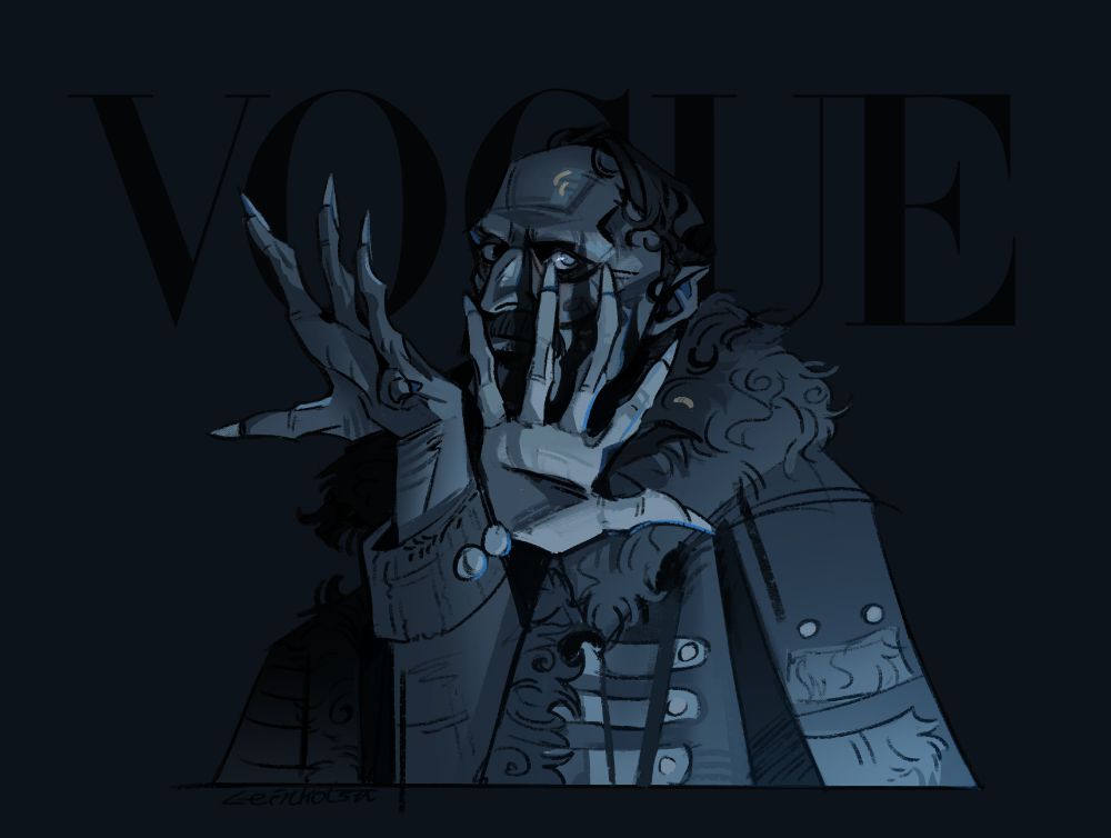Count Orlok (2024 mustache edition) with his hands up in a vogue pose. A dramatic harsh light shines on him from bellow, casting heavy shadows of his claws across his face. His color palette is strictly a cold grey/blue monotone with pops of slight color of yellow maggots and reddish under eye. Behind him the words 'vogue' is written in black. 