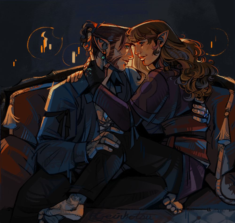 An illustration of a couple sitting on a pillow stuffed couch in their small clothes. They sit entangled close together with their foreheads touching and a backlit yellow and orange glow from distance candles  framing their faces at the central focal point. On their fingers are a pair of wedding rings that cast multicolor fractals across their hands. They both bare scars on their exposed skin and look at one another with nothing but adorations and love.