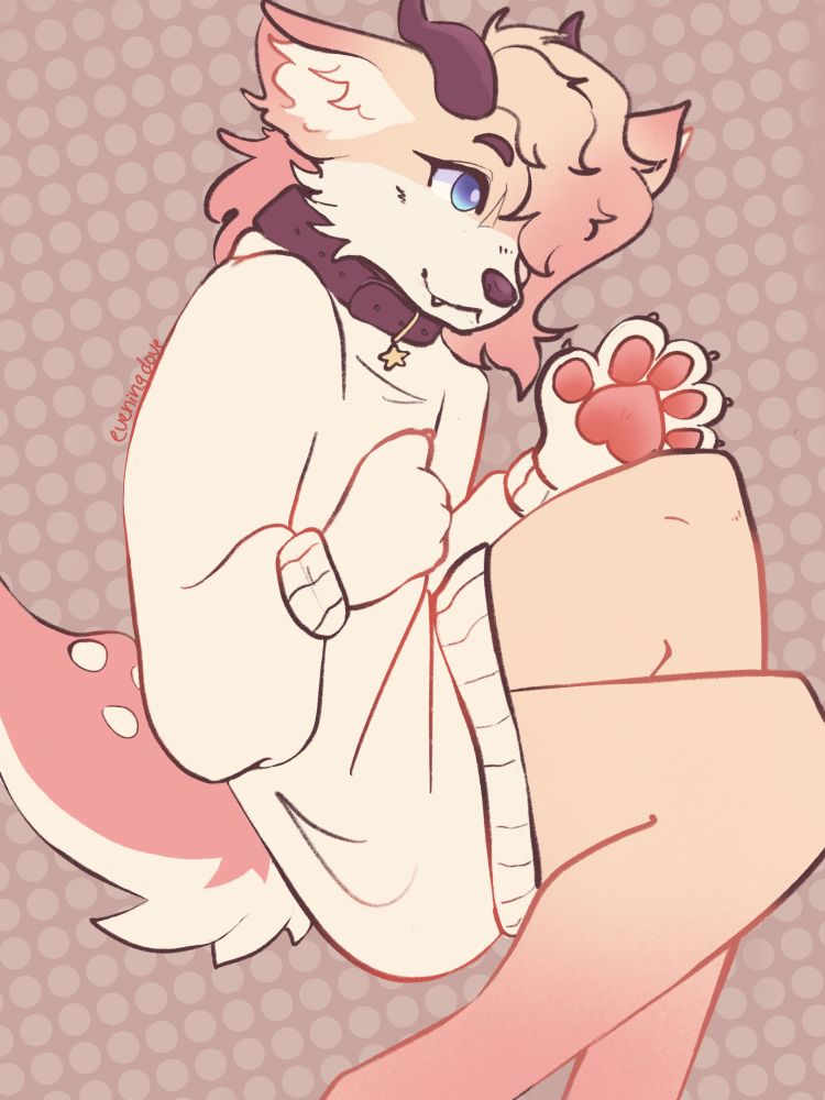 a pink and peach fox demon in a large sweater