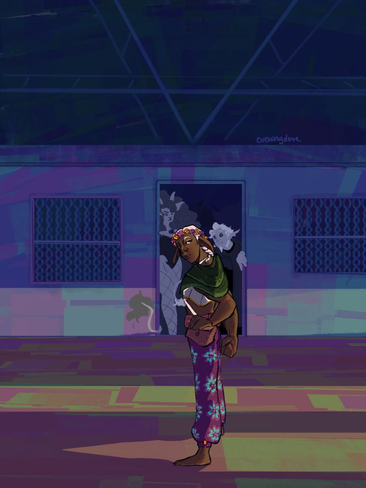 a brown elf stands in a dimly lit train station, backlit by the sun, and their two partners stand waiting for them in the doorway of the train