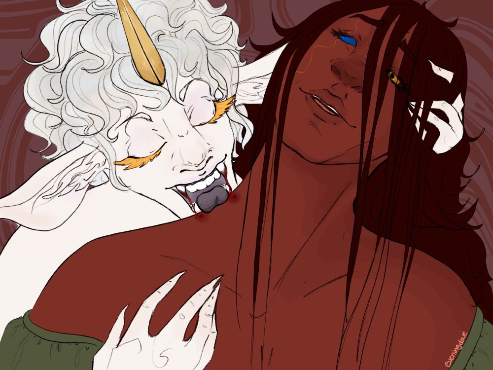 ester, the white unicorn dragon is biting into the neck of cirrus the firbolg as a vampire. they are holding cirrus’s chest and head to stabilize her while they feast. Cirrus is willingly tilting her head to give ester access to her blood. two red marks adorn her neck.

ester has grey short wavy hair, a golden curved horn, golden eyelashes, and slightly claws hands. Cirrus is a brown firbolg woman with long brown hair that is stringy and wavy. she has one blue eye and one gold eye and is wearing a green shirt that sits low on her chest.