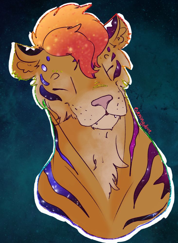 bust shot of a smiling orange tiger with rainbow line art and stripes that are colored with a james webb space telescope image of the bullet cluster