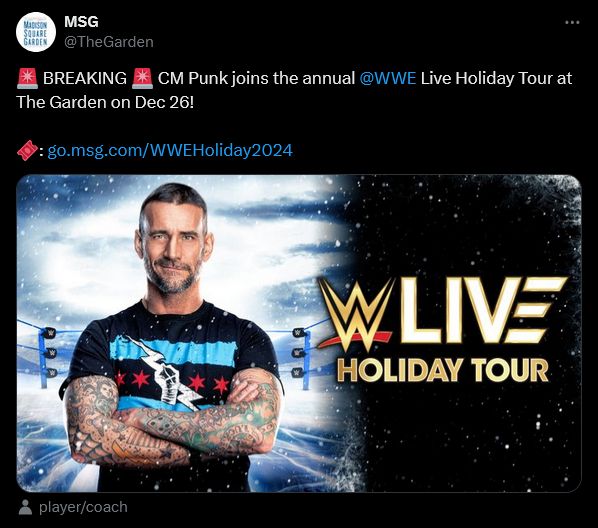 A Picture of Phil Brooks, also known as CM Punk, with his arms crossed over his chest, smirking at the camera, next to a WWE Live Holiday Tour logo.