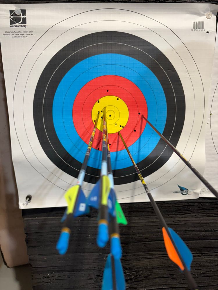 Two pairs of arrows into a 60cm target, shot a distance of 20 yards. 