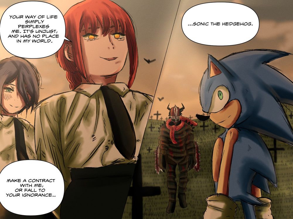 Makima confronting Sonic the Hedgehog