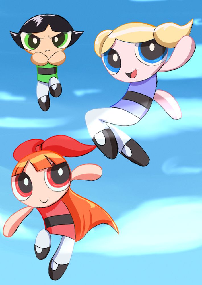 the Powerpuff Girls flying in the skies of Townsville
