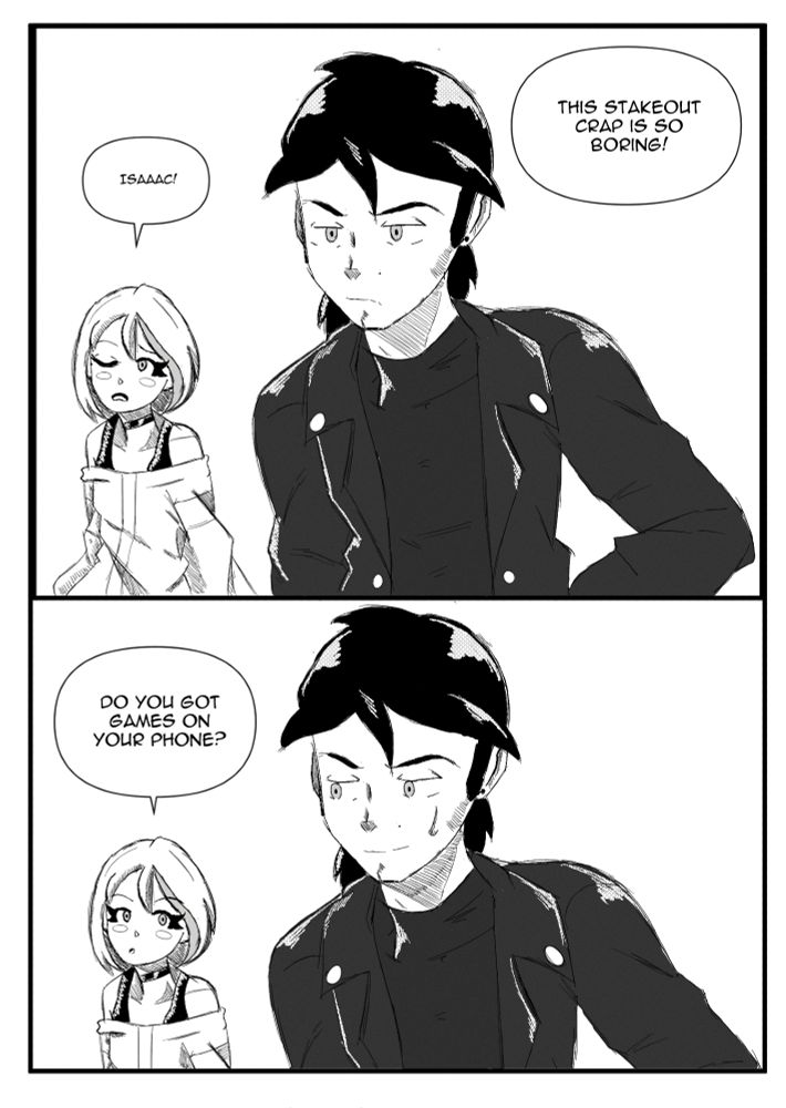 Isaac and Eve during a stakeout, in a two panel comic where Eve is bored and asks Isaac if he has any games on his phone.