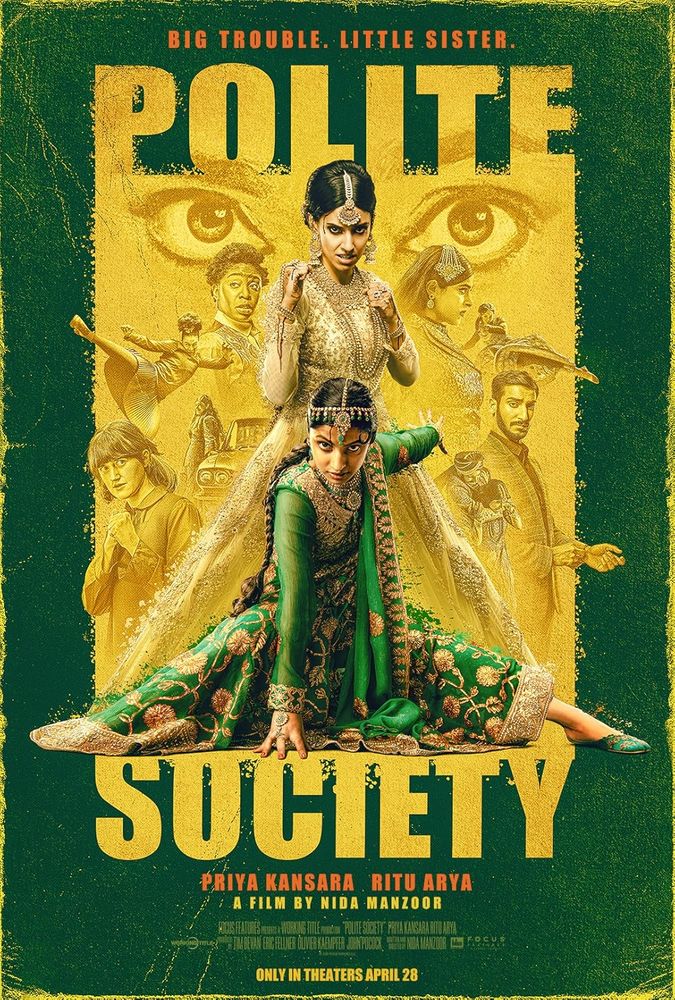 Movie poster for Polite Society (2023) characters are posed like they are in a Bollywood action film. 