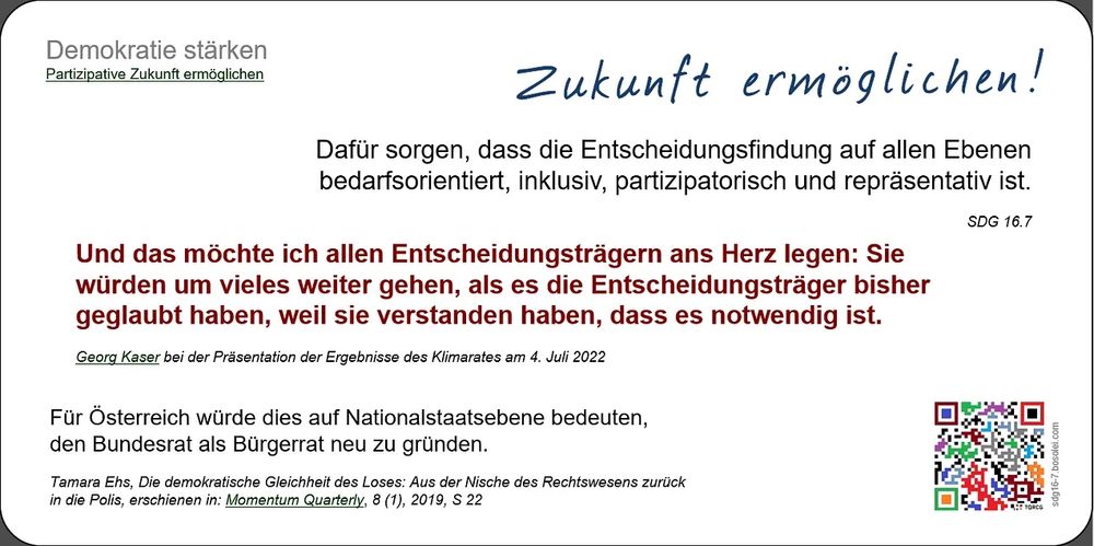 Postkarte "Zukunft ermöglichen!": https://app.box.com/s/ck5sj2hxrcit6ezwp66lbuvs5v9hh3q9

Weitere erläuternde Informationen dazu: http://sdg16-7.bosolei.com